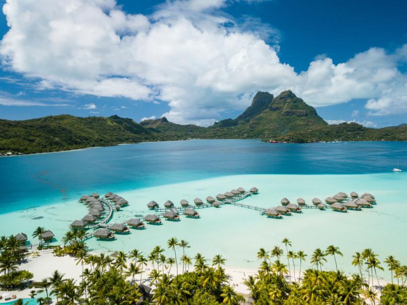 Aerial view of the blue lagoon and Otemanu mountain in Bora Bora island