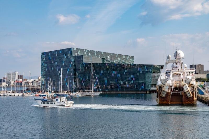 Boats Surrounding the Harpa Opera House in Reykjavik, Iceland