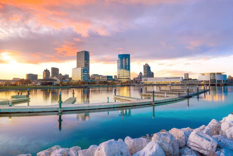 Sunset over Lake Michigan with the Milwaukee Skyline