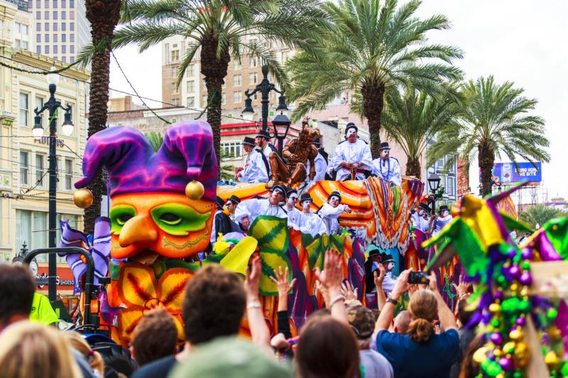 Mardi Gras parades through the streets of New Orleans.People celebrated crazily. Mardi Gras is the biggest celebration the city of New Orleans