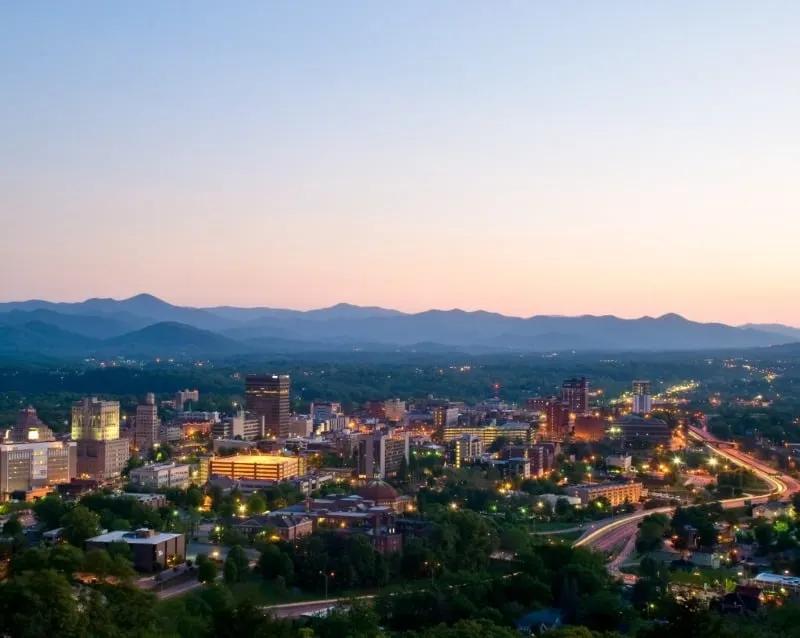 Asheville cityscape at dusk