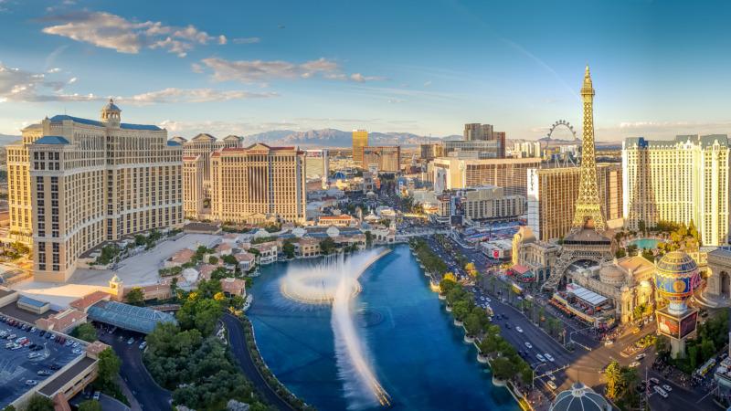 Bellagio Fountains and The Strip in Las Vegas aerial view