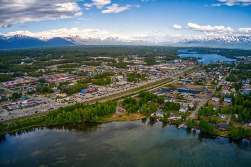 Aerial View of Downtown Wasilla, Alaska during the Summer