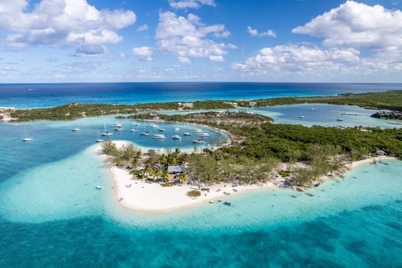 The drone aerial view of Stocking Island, Great Exuma, Bahamas