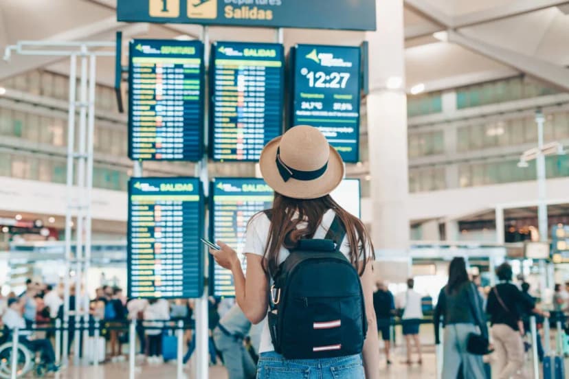 Tourist at the airport looks at the Airport Departure Board