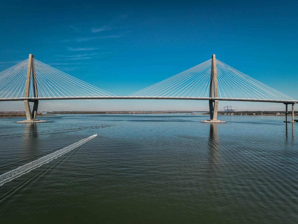 Aerial view of The Arthur Ravenel Jr. Bridge over river