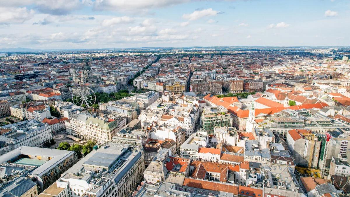 Aerial view of Budapest, Hungary, taken on our tour of Prague, Vienna, Budapest.