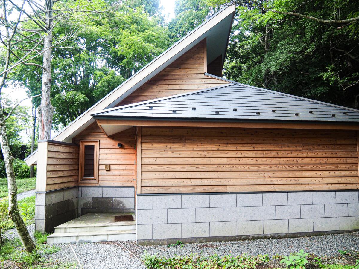 Small wooden building with metal roof nestled in lush forest - Japanese design meets modernity