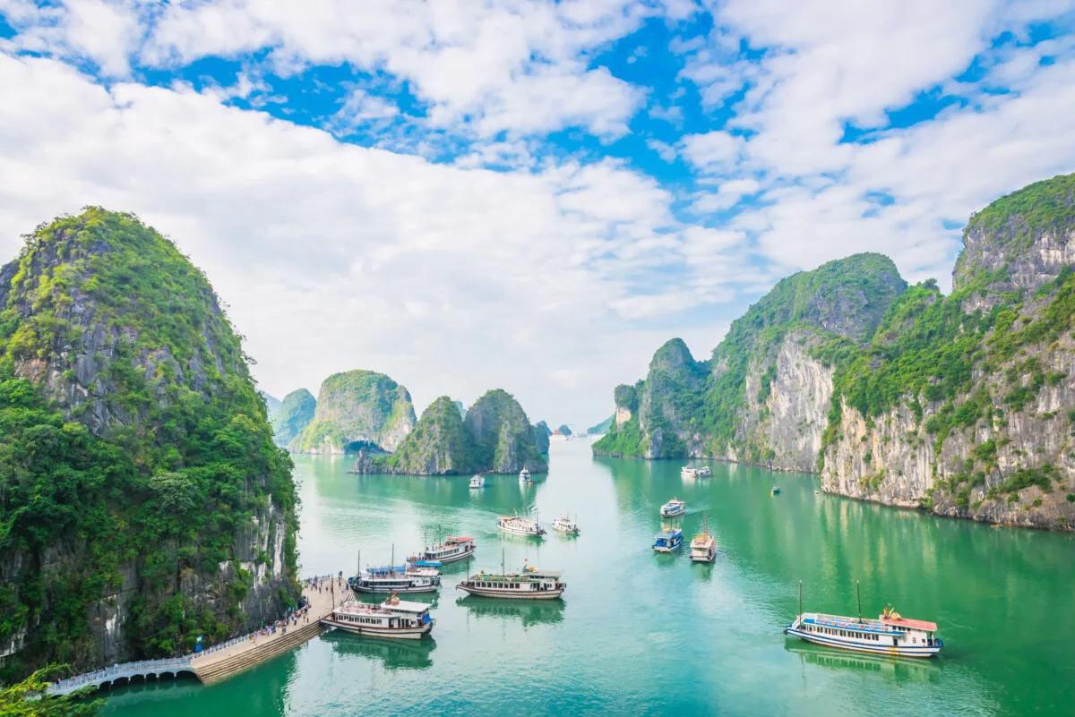 Boats and Rock Formations in Halong Bay, Vietnam