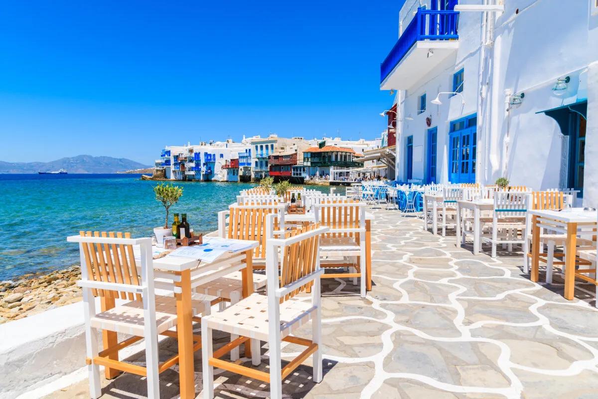 Chairs and tables by the Seaside Mykonos town