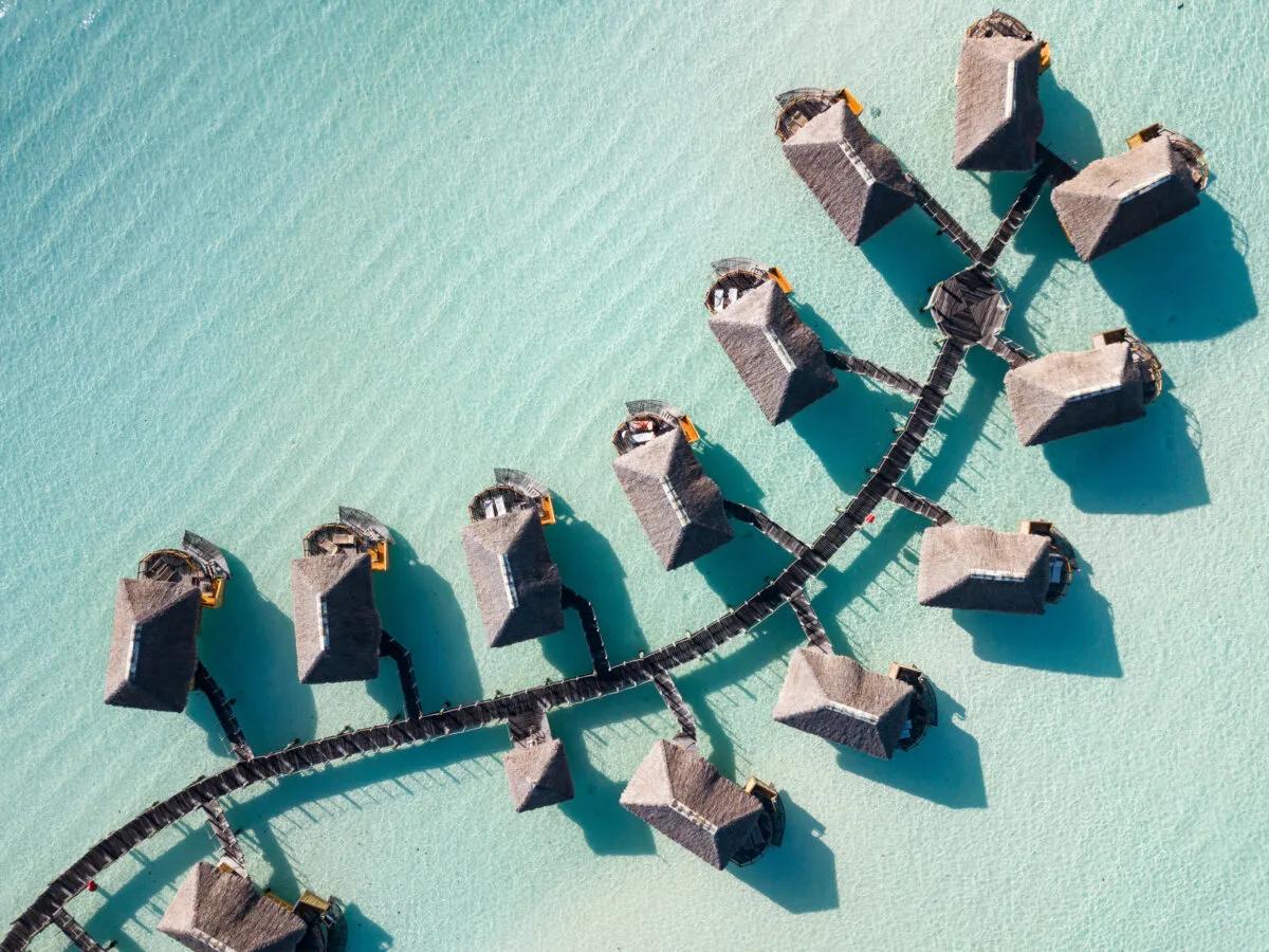 Aerial photo of overwater bungalows in Bora Bora