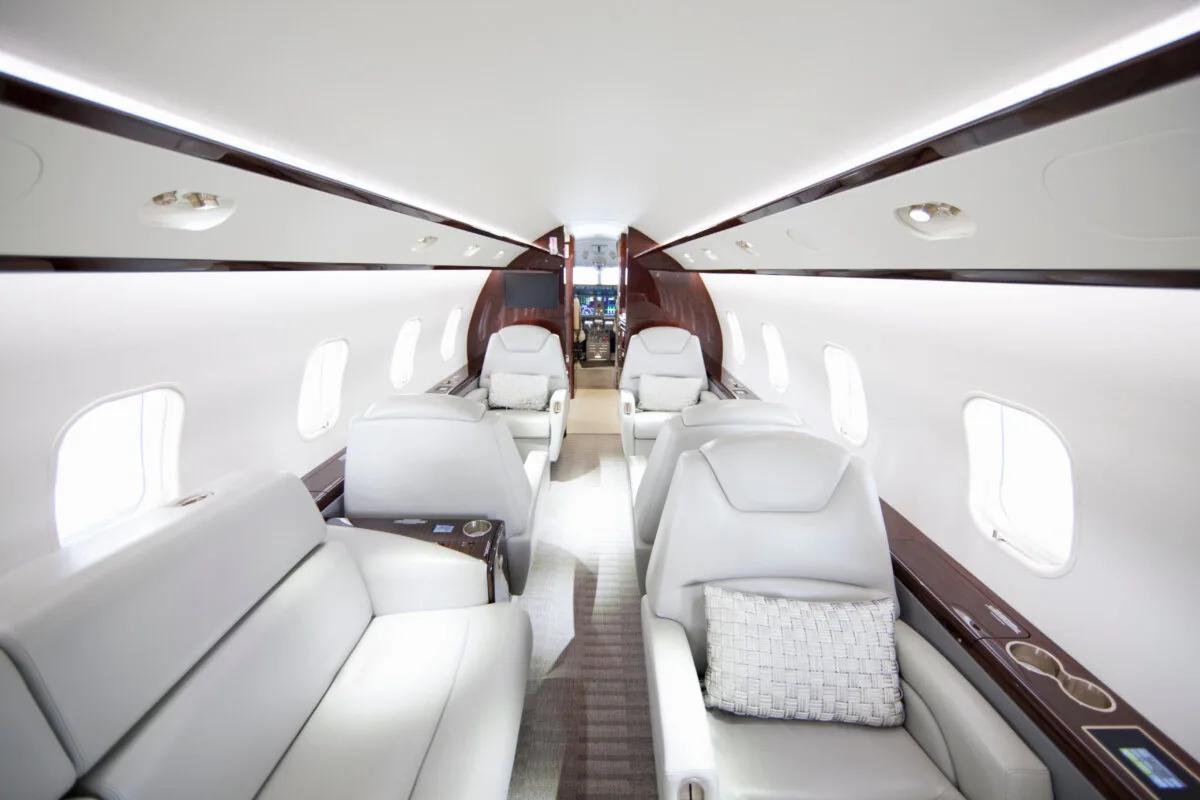 A wide shot showing interiors of a private jet