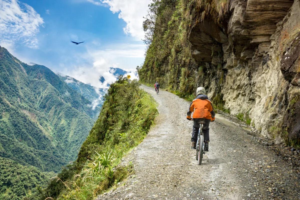 Biker passing through Bolivia's Road of Death