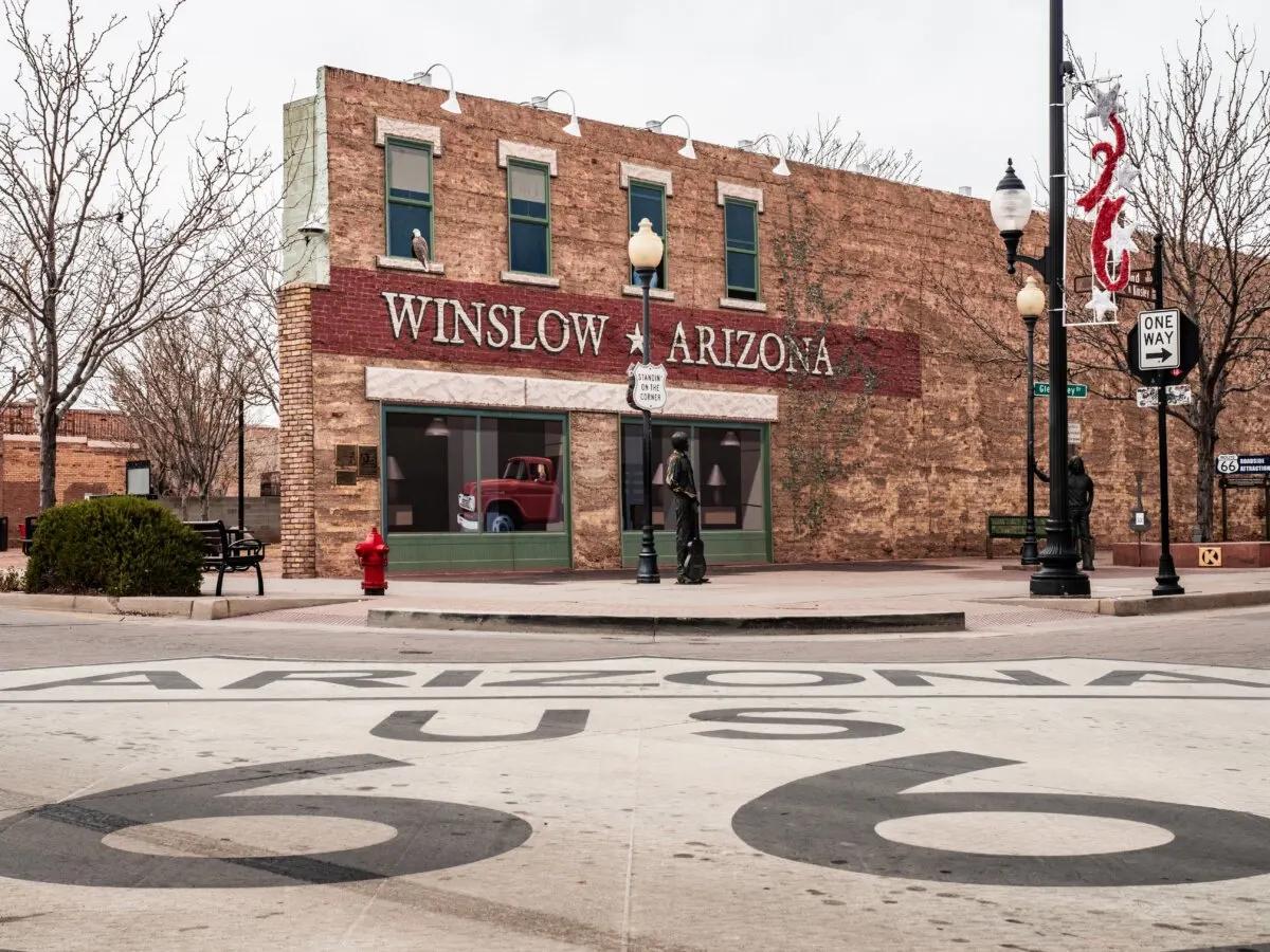 Standing on the Corner monument in Winslow, Arizona, along Route 66