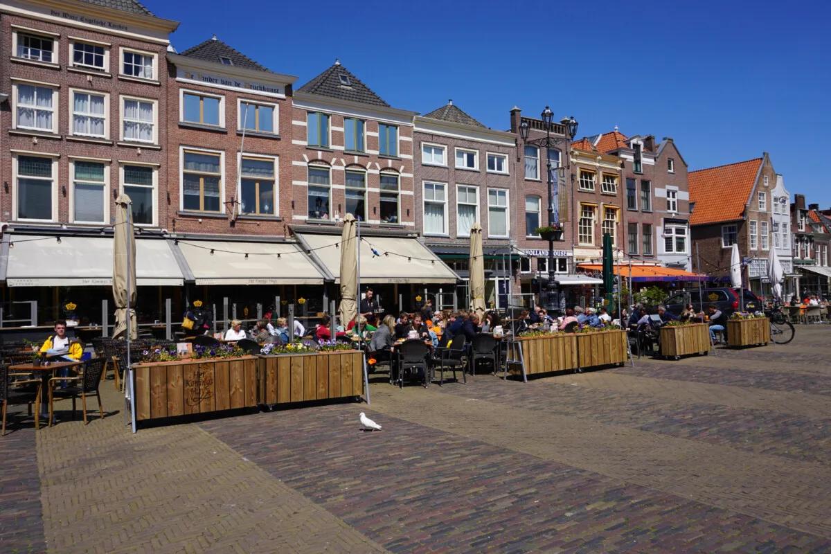 Restaurants along the Grote Markt of Delft in the Netherlands