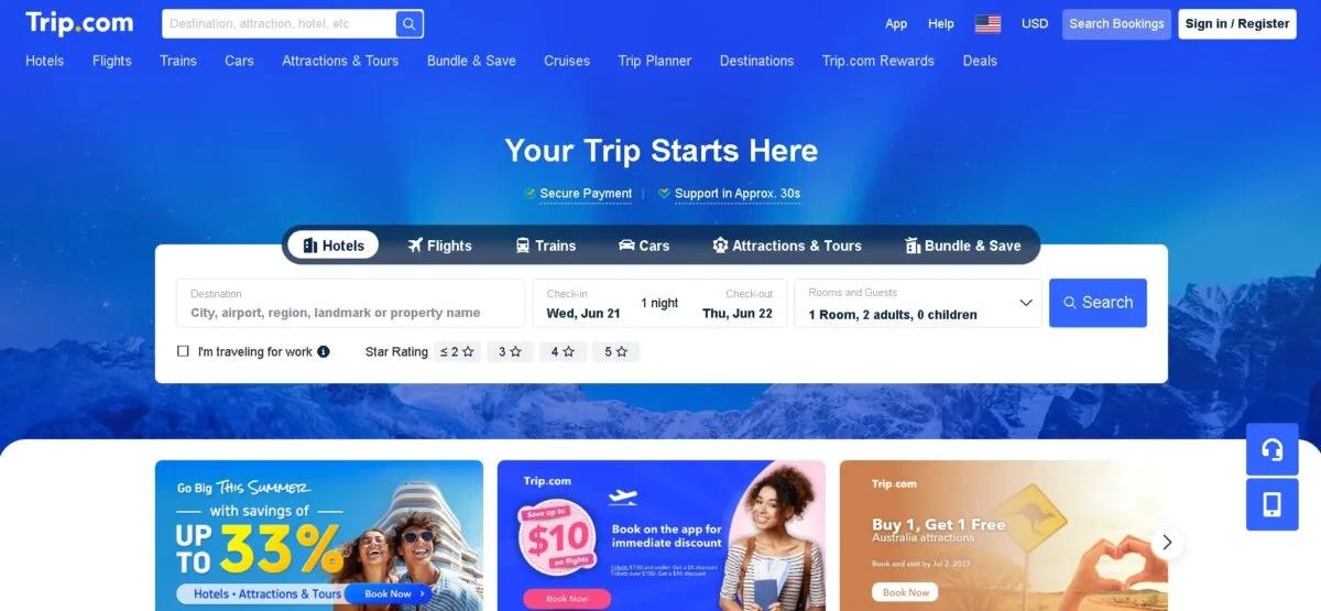 Trip.com landing page