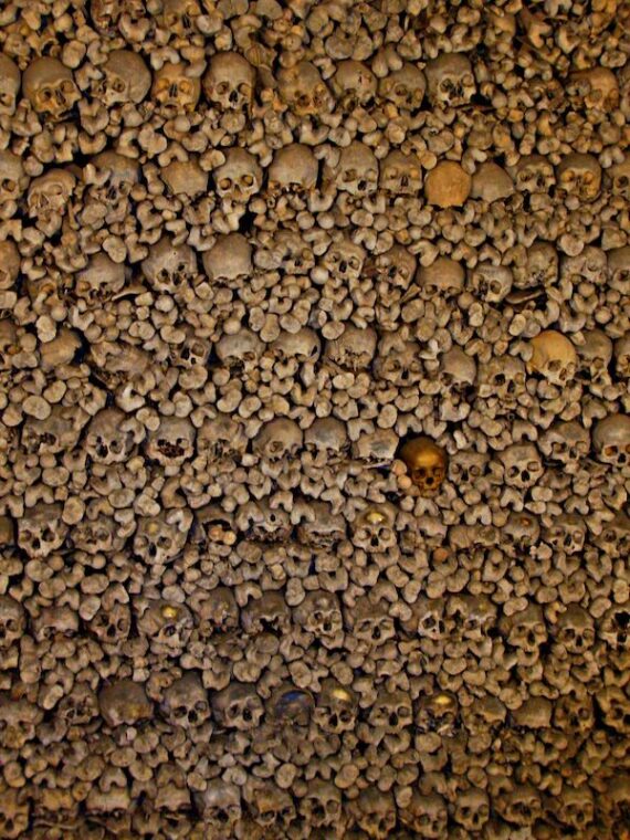 View of Sedlec Ossuary, also known as the Church of Bones, with ornate bone decorations.