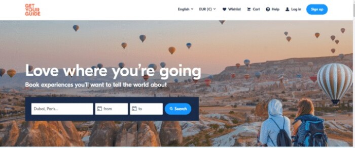 GetYourGuide tour marketplace homepage with a destination search field
