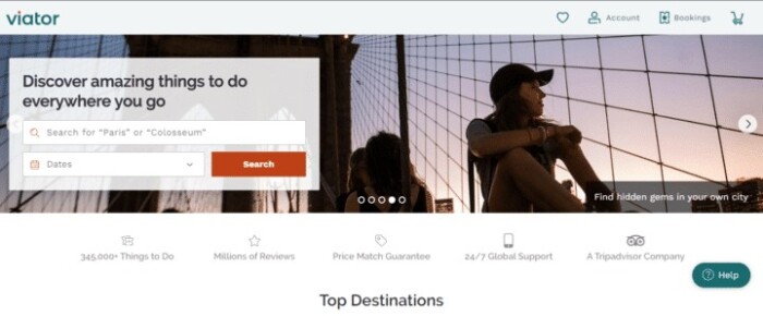 Viator tour marketplace homepage showing destination and activity search options