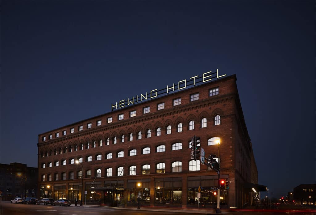 Hewing Hotel exterior in Minneapolis downtown landscape.
