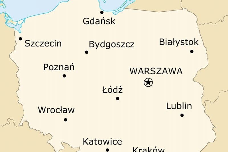 Map of Poland, showing the two largest cities, Warsaw (Warszawa) and Krakow.
