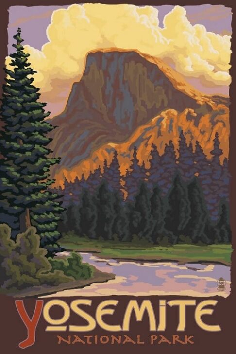 Yosemite National Park travel poster showcasing majestic granite cliffs, waterfalls, and giant sequoias.