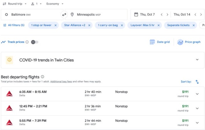 Google Flight page for Baltimore to Minneapolis