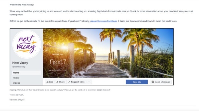 Welcome email from Next Vacay