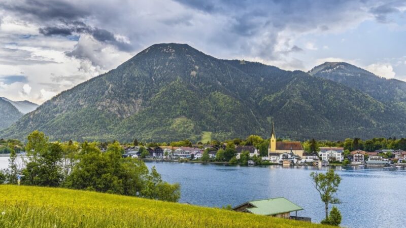 Lake Tegernsee framed by wooded hills in the Bavarian Alps