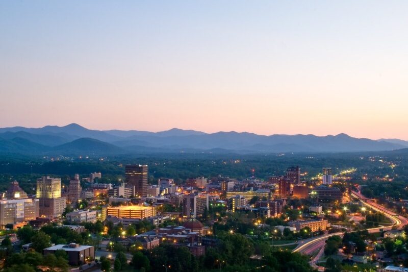 Asheville cityscape at dusk
