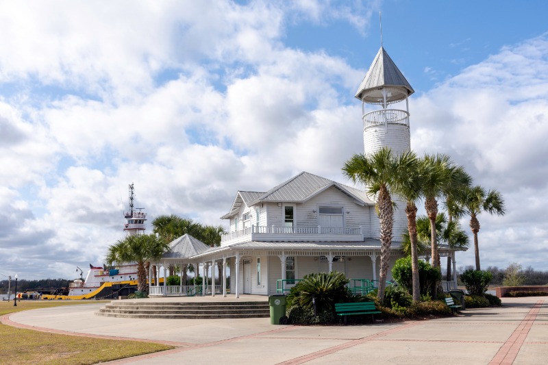 A historic building seen at Mary Ross Park, home of a local farmer's market in Brunswick, Georgia