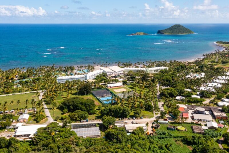 Drone shot over the beachfront Coconut Bay Resort and Spa