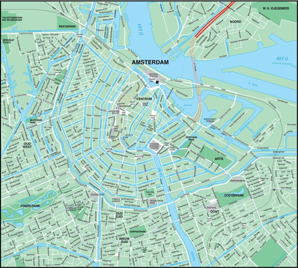 Amsterdam city map with streets, canals, and landmarks, perfect for travelers and educational resources.