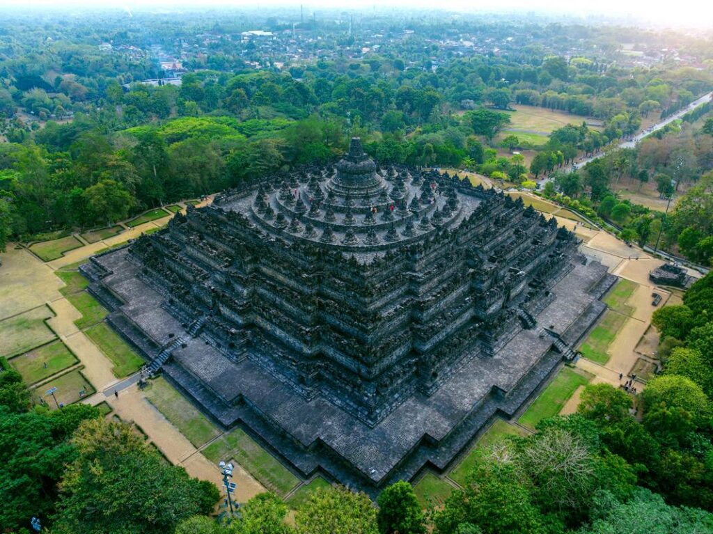 Aerial view of Borobudur Temple and its terraced stone monument in Central Java