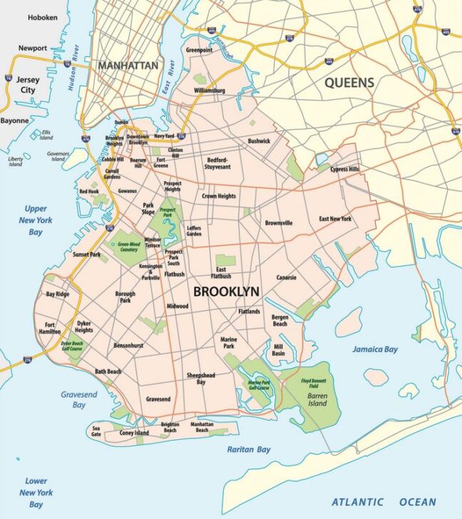 Detailed map of Brooklyn, New York, highlighting neighborhoods like Williamsburg, Bushwick, Park Slope, and Coney Island. Shows proximity to Manhattan and Queens, major roads, parks, and water bodies.