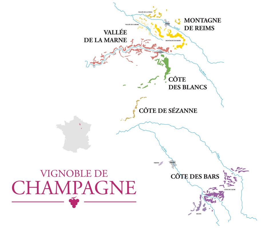 Map of Champagne Vineyards - Explore France's famous wine regions: Vallée de la Marne, Montagne de Reims, Côte des Blancs, Côte de Sézanne, and Côte des Bars.
