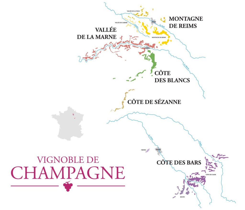 Colorful map highlighting Champagne wine regions: Vallée de la Marne, Montagne de Reims, Côte des Blancs, Côte de Sézanne, Côte des Bar.
