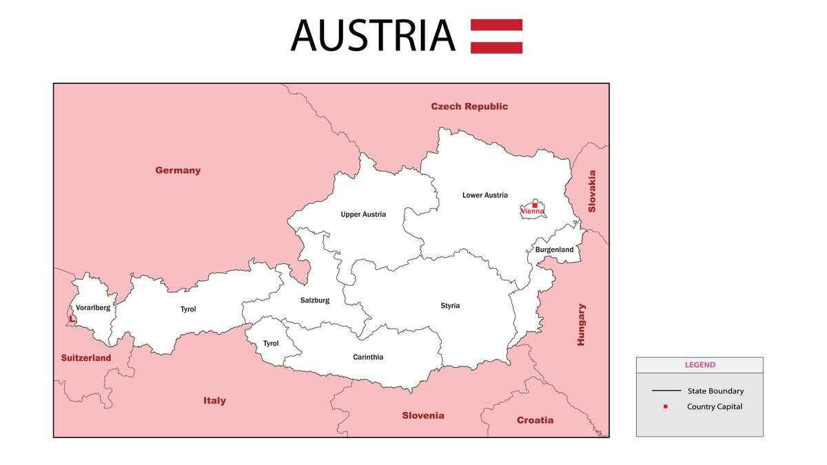 Colorful political map of Austria with regions, cities, and borders against a pale pink background.
