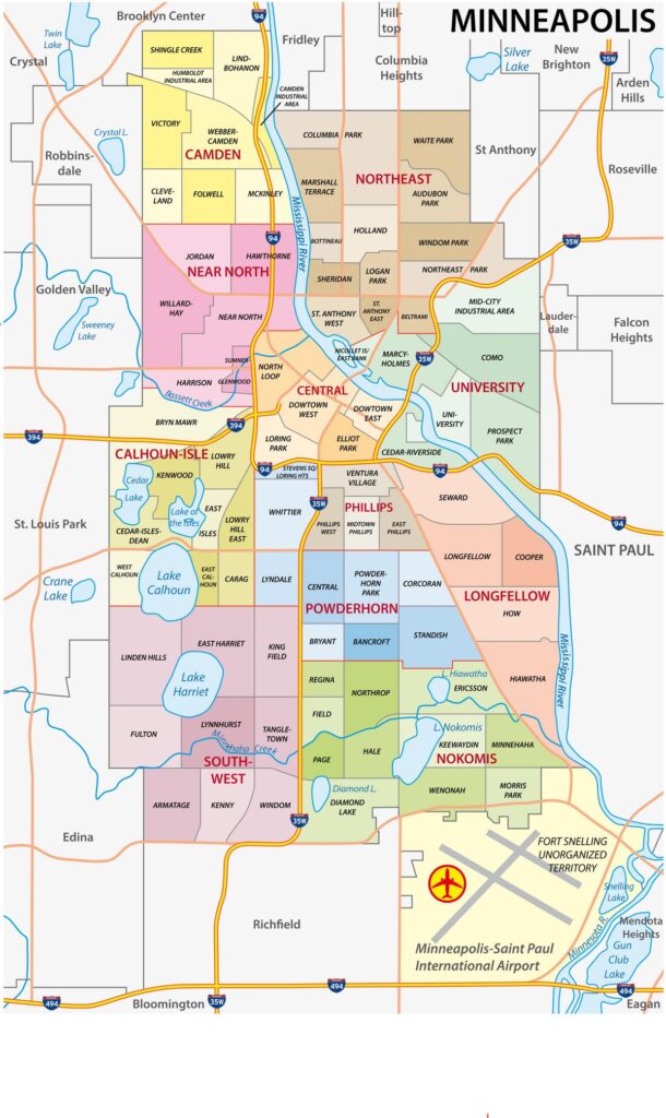 Detailed Minneapolis Political Map with Neighborhood Divisions - Colorful map showing diverse areas, landmarks, and city layout.