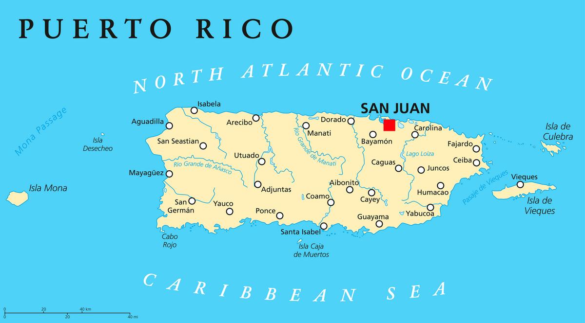 Detailed political map of Puerto Rico showing major cities, towns, and geographical features with San Juan highlighted. Neighboring islands like Isla de Mona and Vieques are shown.