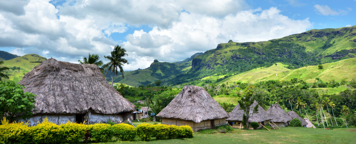 Panoramic view of Fijian bures in Navala village in the Ba Highlands of northern-central Viti Levu, Fiji. It is one of the few settlements in Fiji which remains fully traditional architecturally.