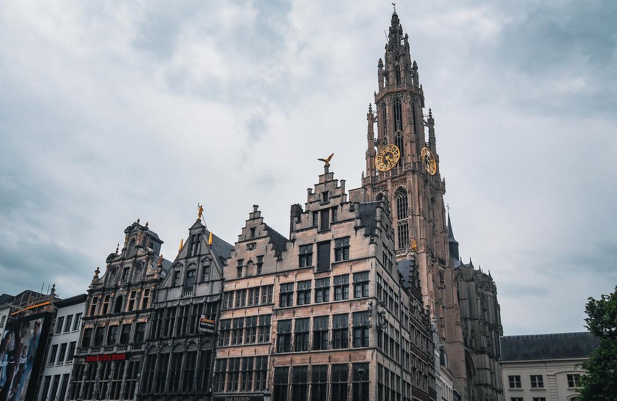 Antwerp guild houses with the Cathedral of Our Lady rising behind them