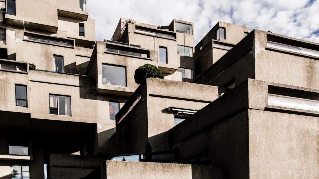Raw concrete walls and geometric forms at Habitat 67
