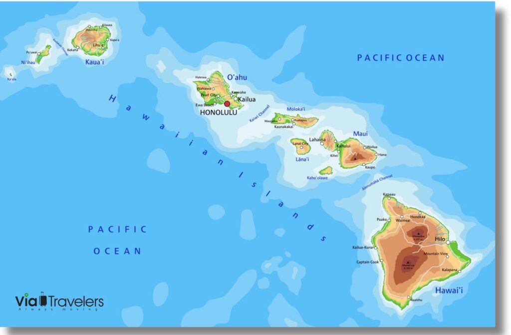 Map of Hawaii's islands with key locations for Pacific vacation planning.