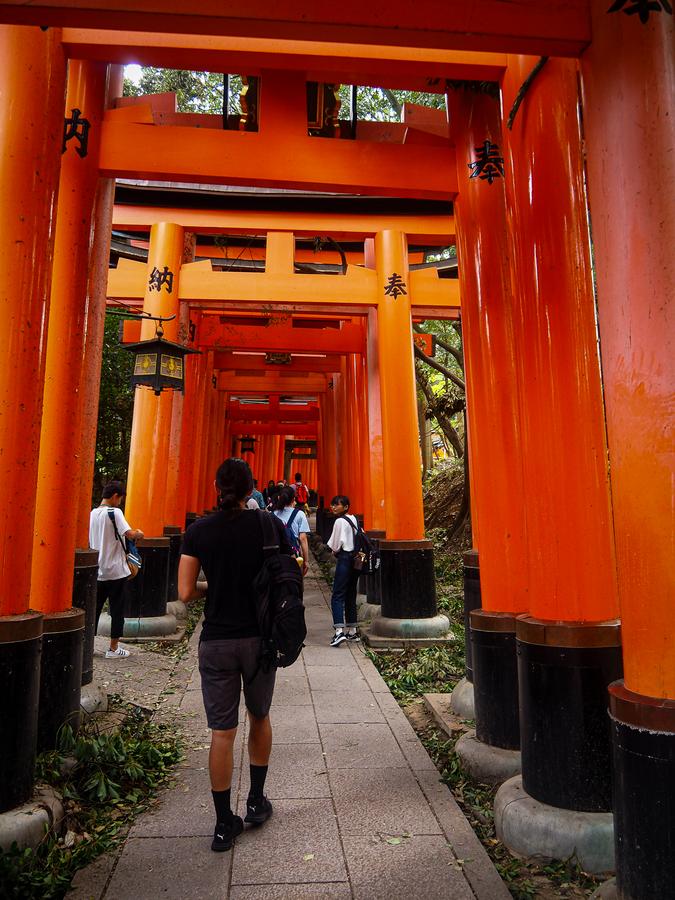 Travelers exploring historic vermilion torii gates of Fushimi Inari Taisha Shrine, Kyoto