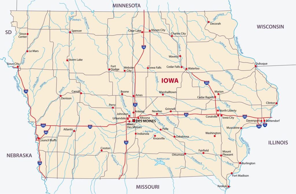 Iowa road map with highways and major cities for navigation and travel planning in the Midwest USA.