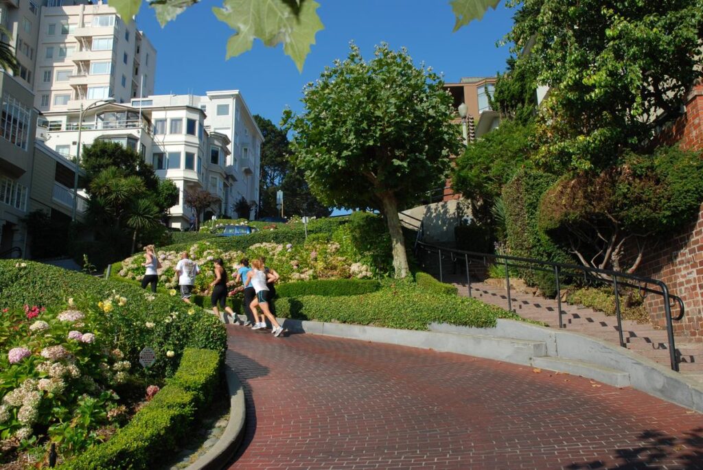 Runners jogging on Lombard Street surrounded by lush greenery in sunny San Francisco.