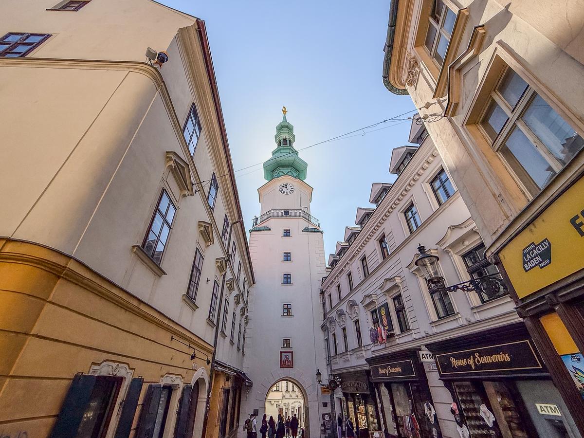 Historic Michael's Gate in Bratislava, Slovakia's iconic medieval city landmark, wide angle view
