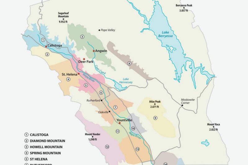 Napa Valley map highlighting wine regions for vineyard tours in California.