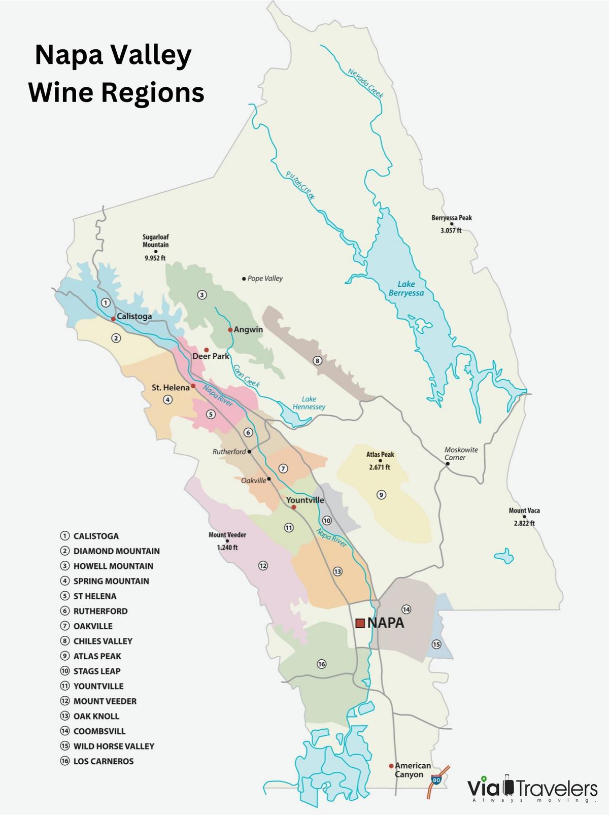 Napa Valley map highlighting wine regions for vineyard tours in California.